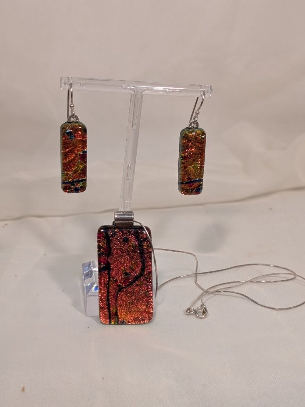 STERLING SILVER 3 PCS. Handcraft Dichroic Glass Necklace + Earings